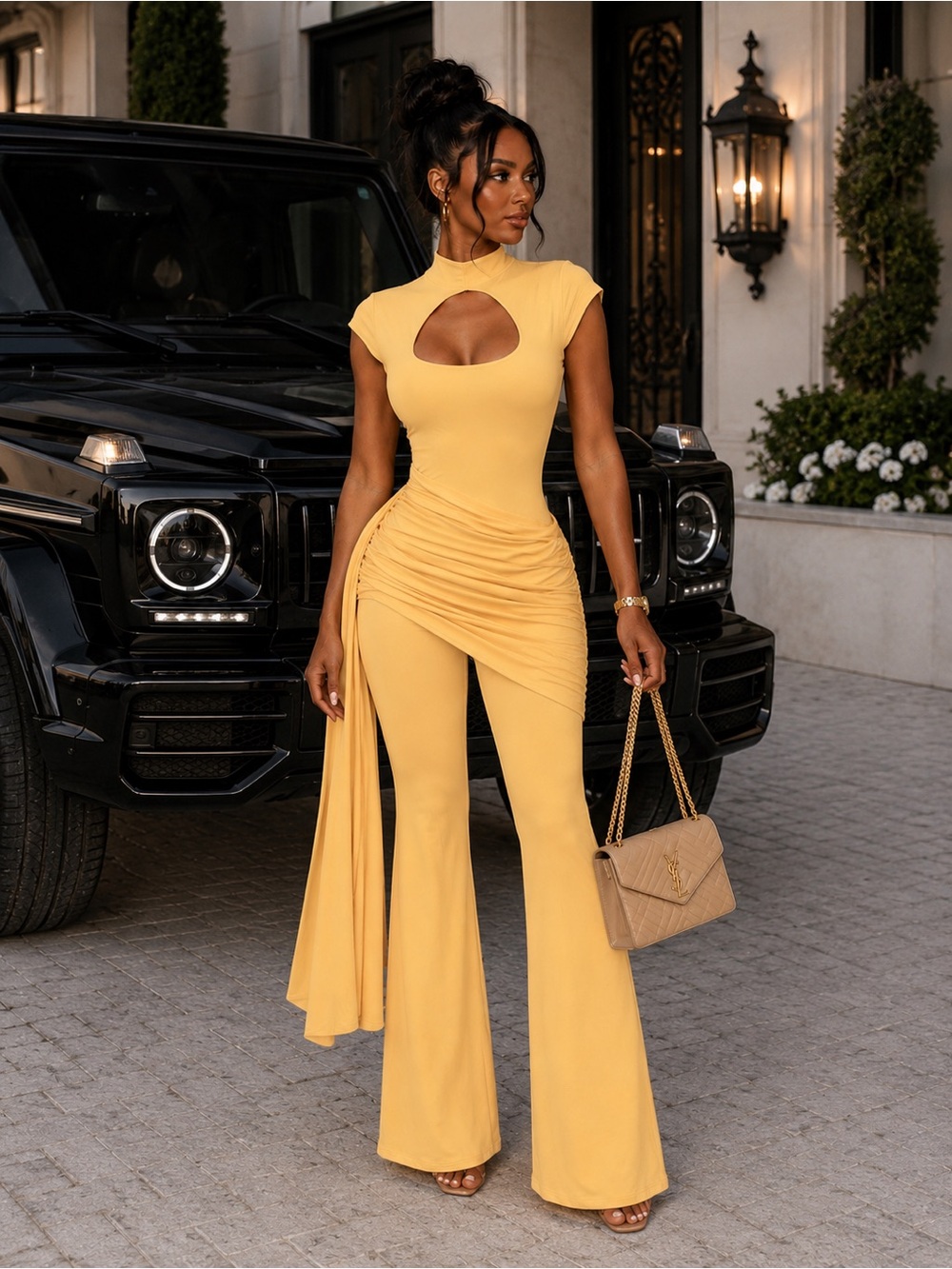Sleek Yellow Cutout Draped Jumpsuit by